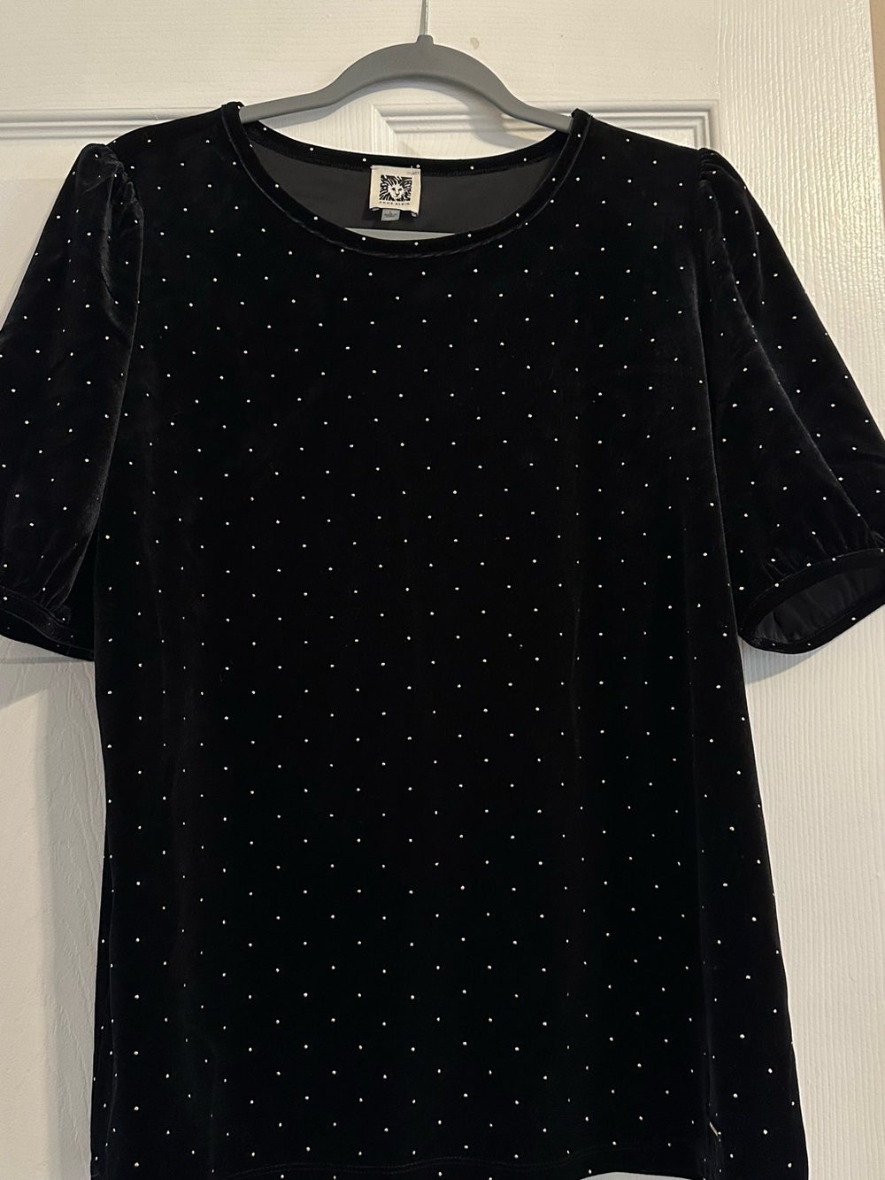 Anne Klein Black Velvet Studded Puff Sleeve Top – Size L